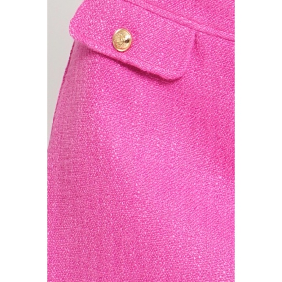 Valentines Day Hot Pink Tweed Faux Pocket Woven Button Mini Skirt - Picture 4 of 4